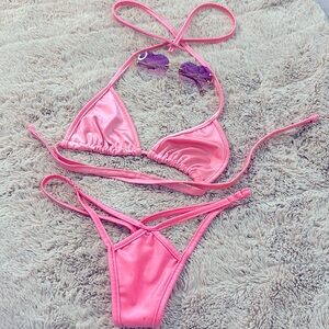 3/$15 Bikinis 🔥 Flamingo Colour Thong Bikini w Clips 🦩